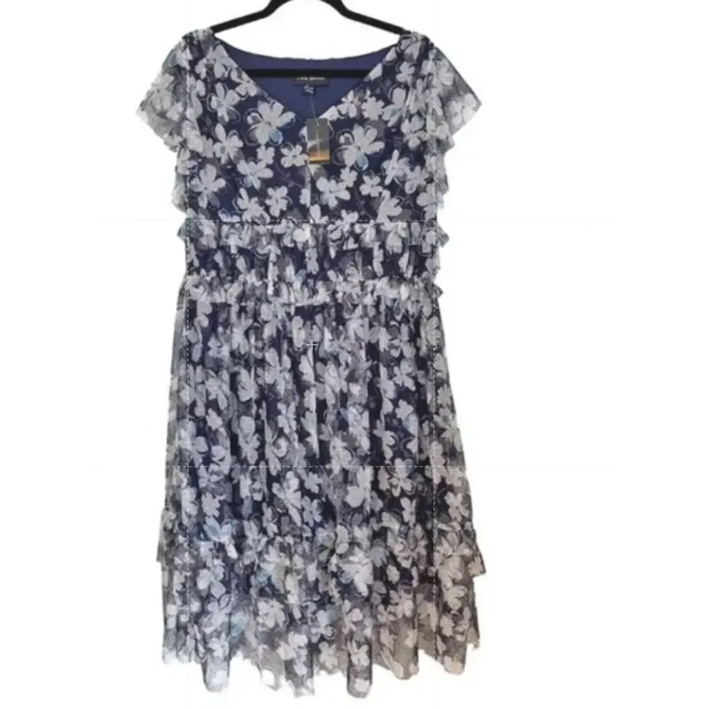 Lane Bryant Flowy Romantic Blue Floral Tulle Tiered Ruffle Dress 22/24 Midi - Picture 8 of 8